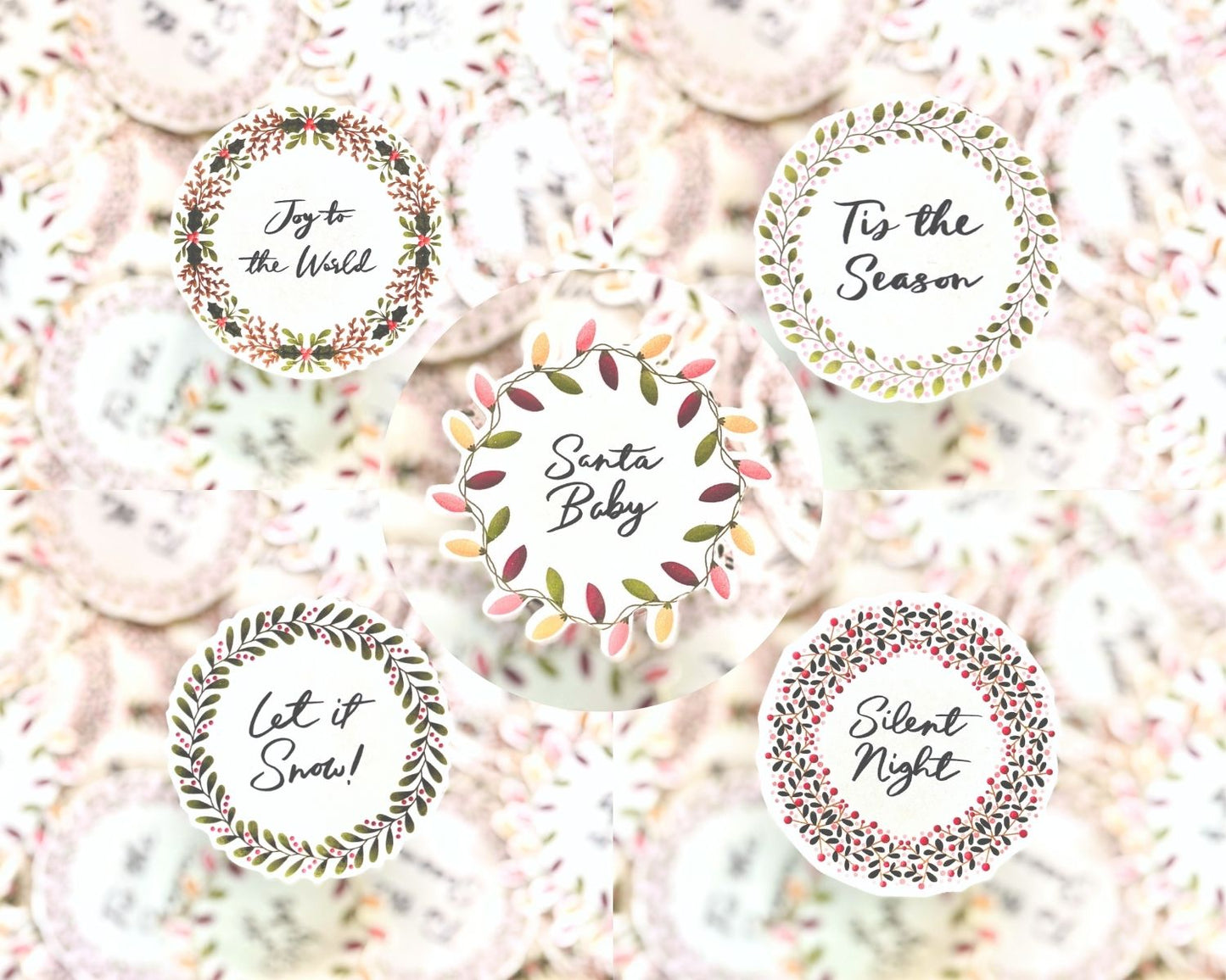 Set of 5 Christmas Wreath Stickers - 2 Inch